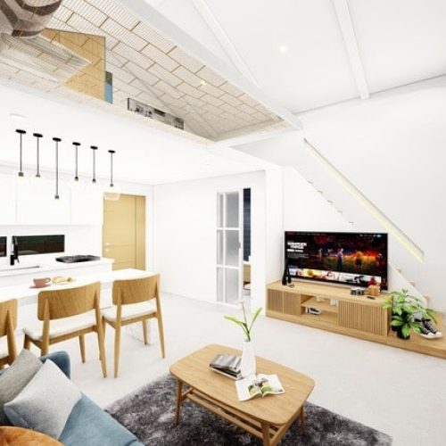 Living and dining space designed with expert construction site drawing precision.